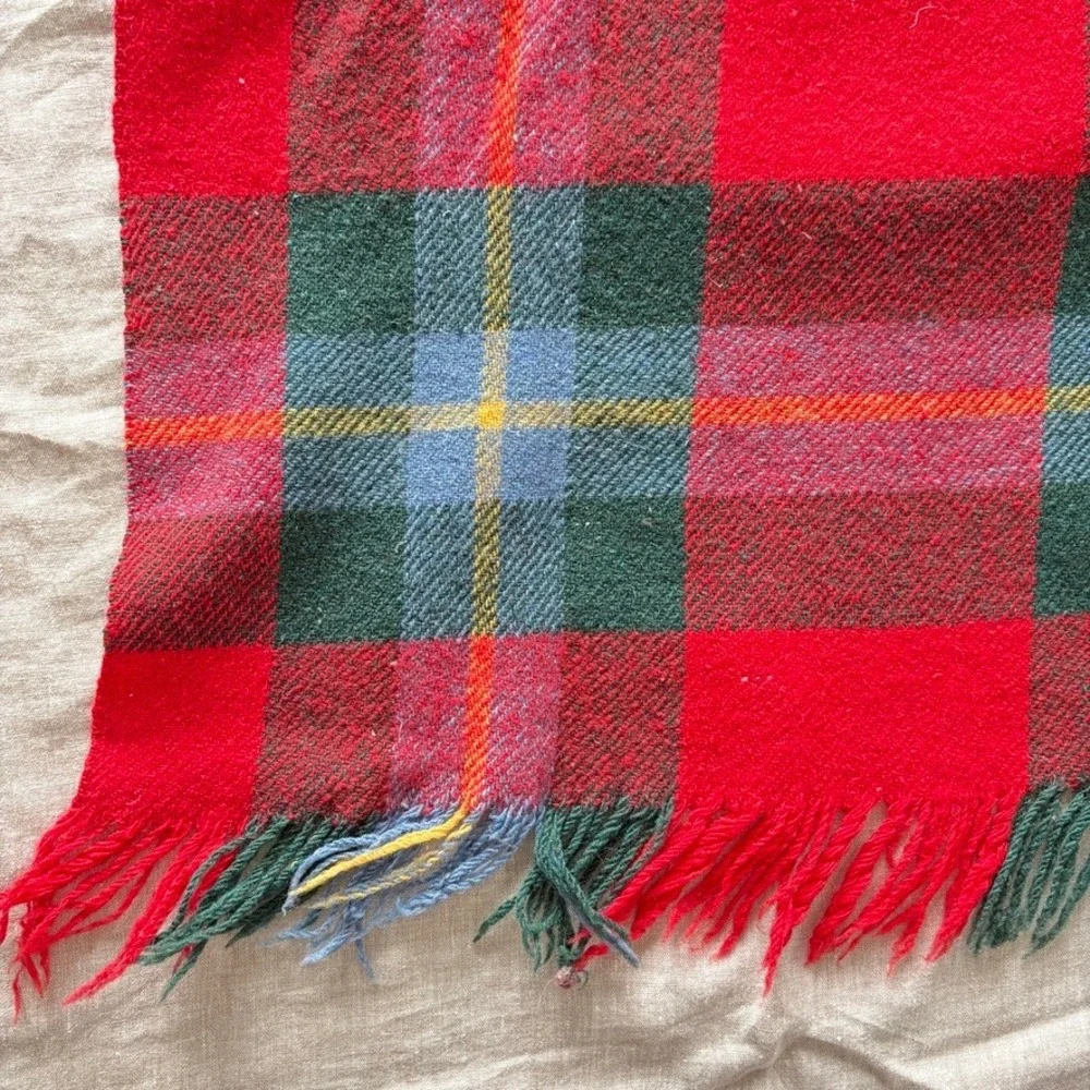 Vintage‎ Plaid Wool Blanket Throw Red Green Fringe Tartan Christmas Holiday
